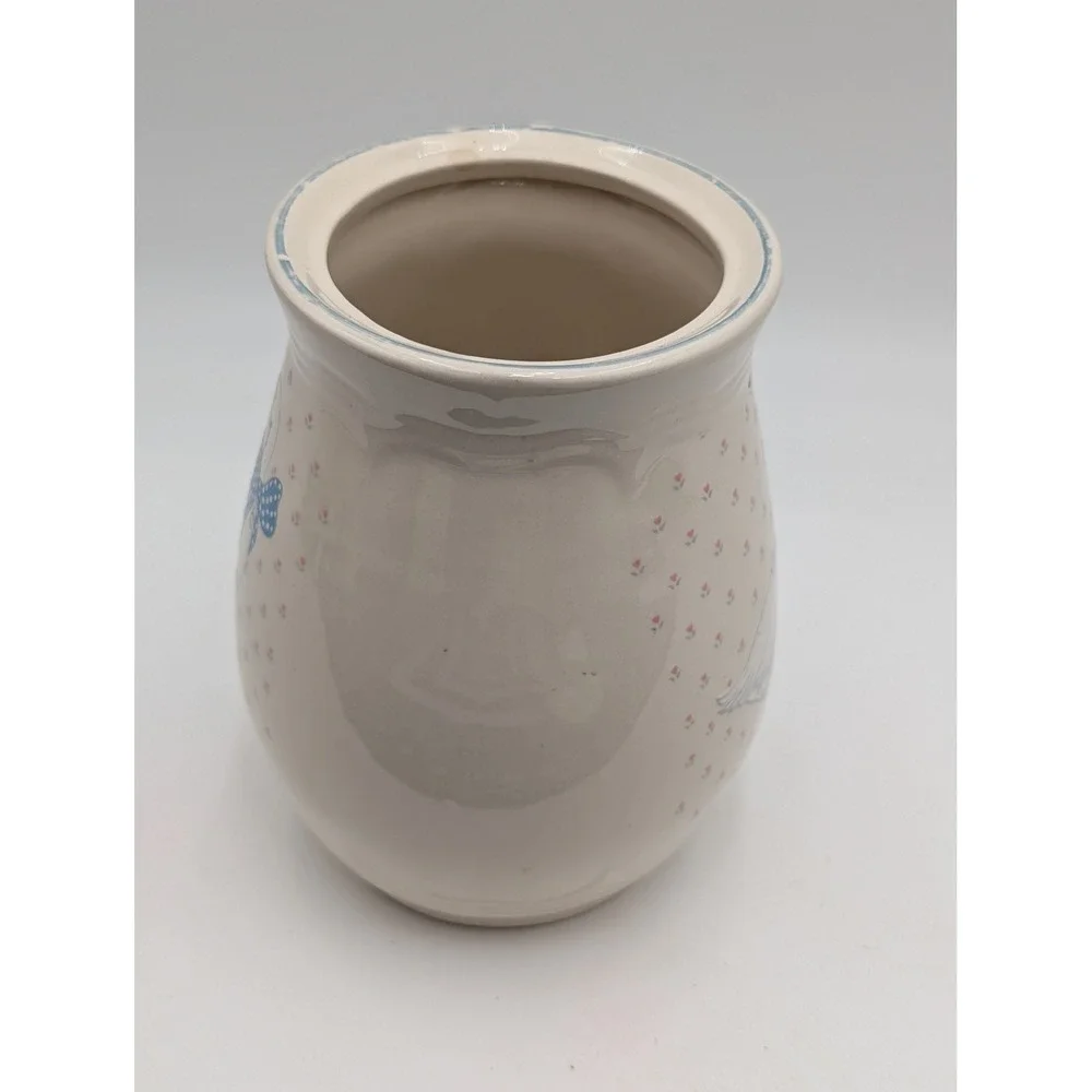 Tienshan Stoneware Canister Cream Aunt Rhody Goose Blue Polka Dot Bow Lid 7 in